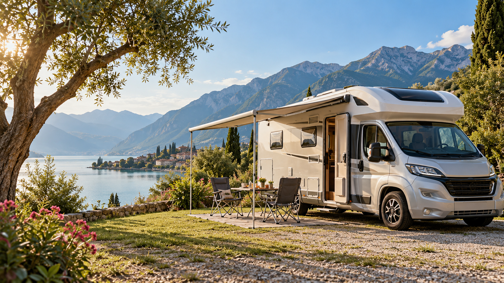 Moderne huurcamper op een zonnige kampeerplek aan een bergmeer