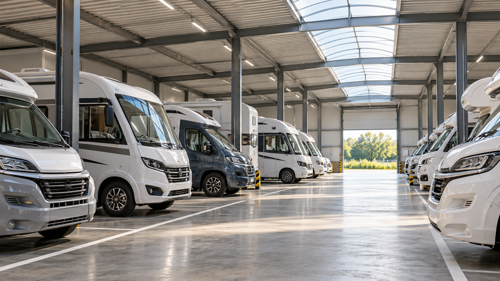 Ruime binnenstalling met campers en veel daglicht