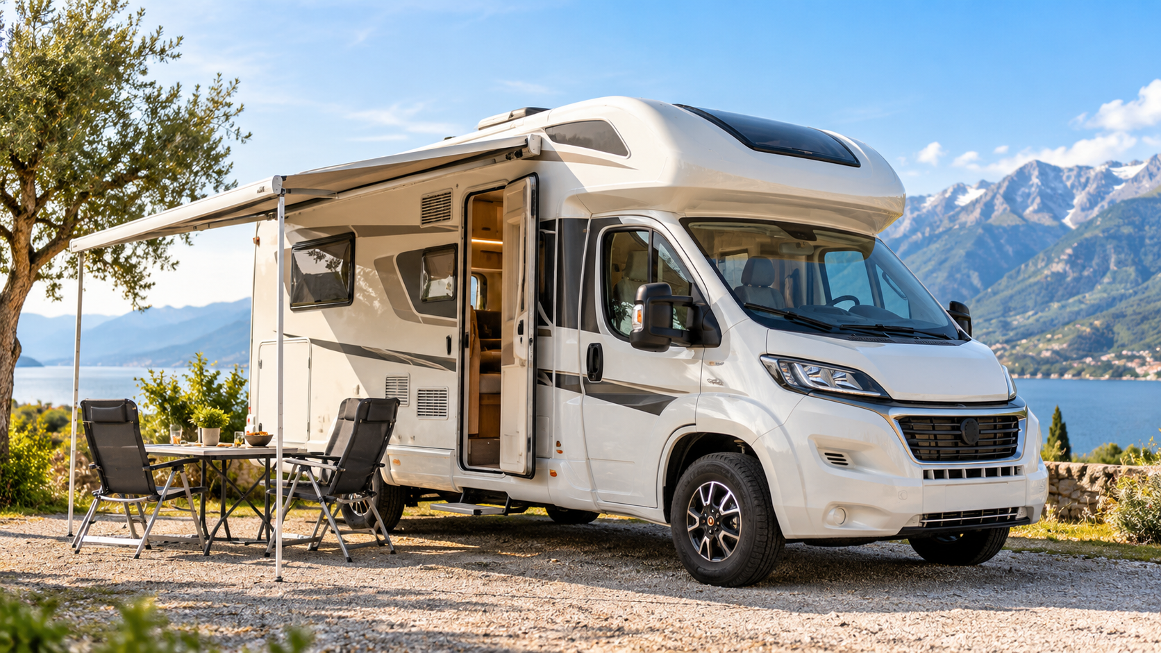 Verzorgde camper klaar voor verkoop op een zonnige kampeerlocatie