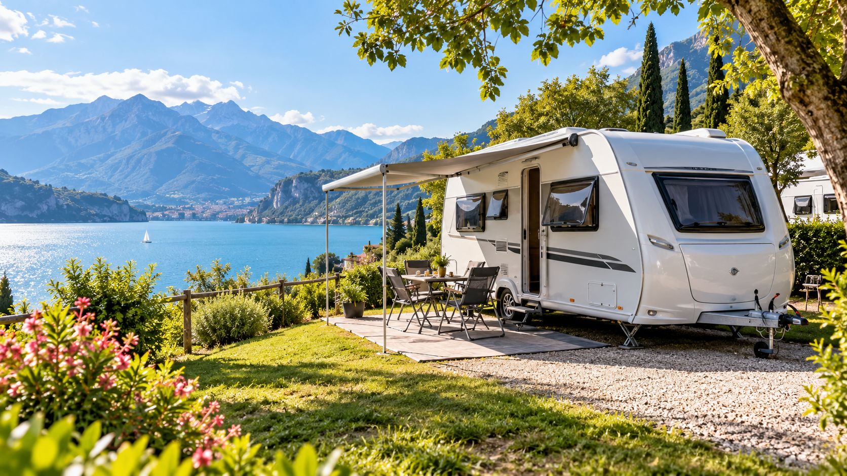 Moderne huurcaravan op een zonnige camping aan een bergmeer