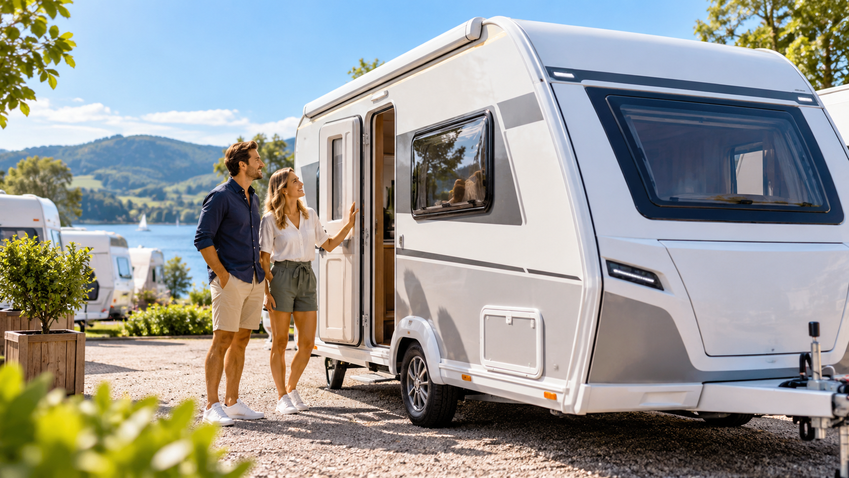Stel bekijkt een moderne caravan tijdens de zoektocht naar een caravan om te kopen