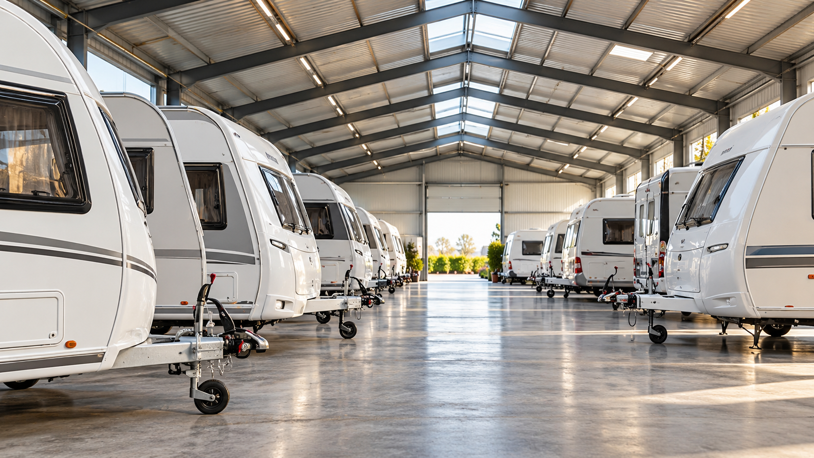Ruime binnenstalling met caravans opgesteld in afzonderlijke rijen