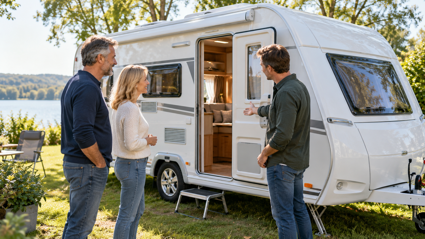 Verkoper laat een caravan zien aan geïnteresseerde kopers