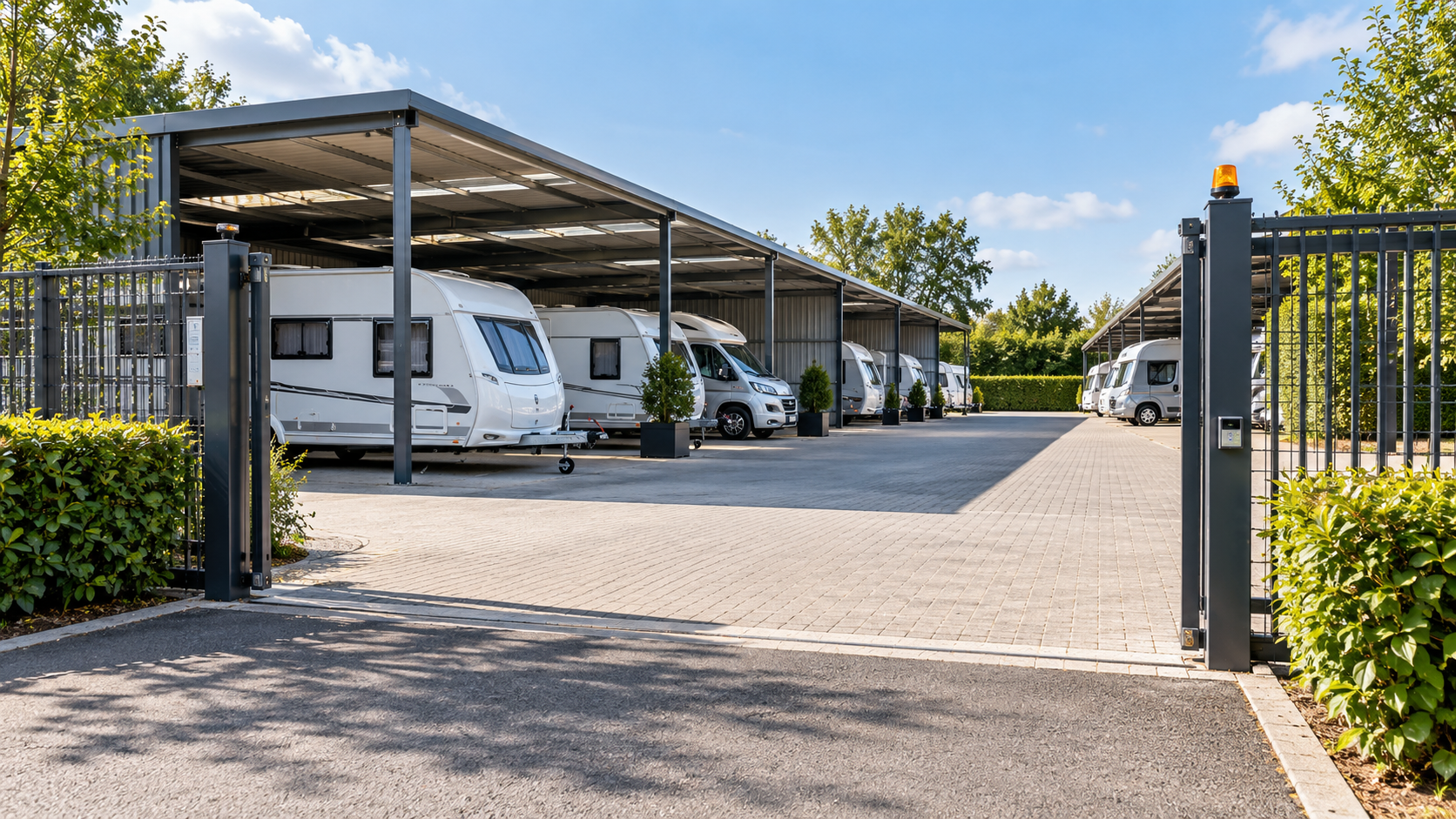 Beveiligde overdekte stalling met campers en caravans op ruime plaatsen