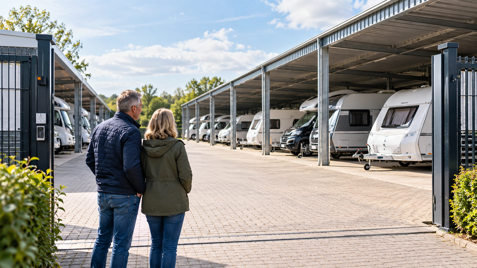 Stel bekijkt een ruime overdekte camper- en caravanstalling