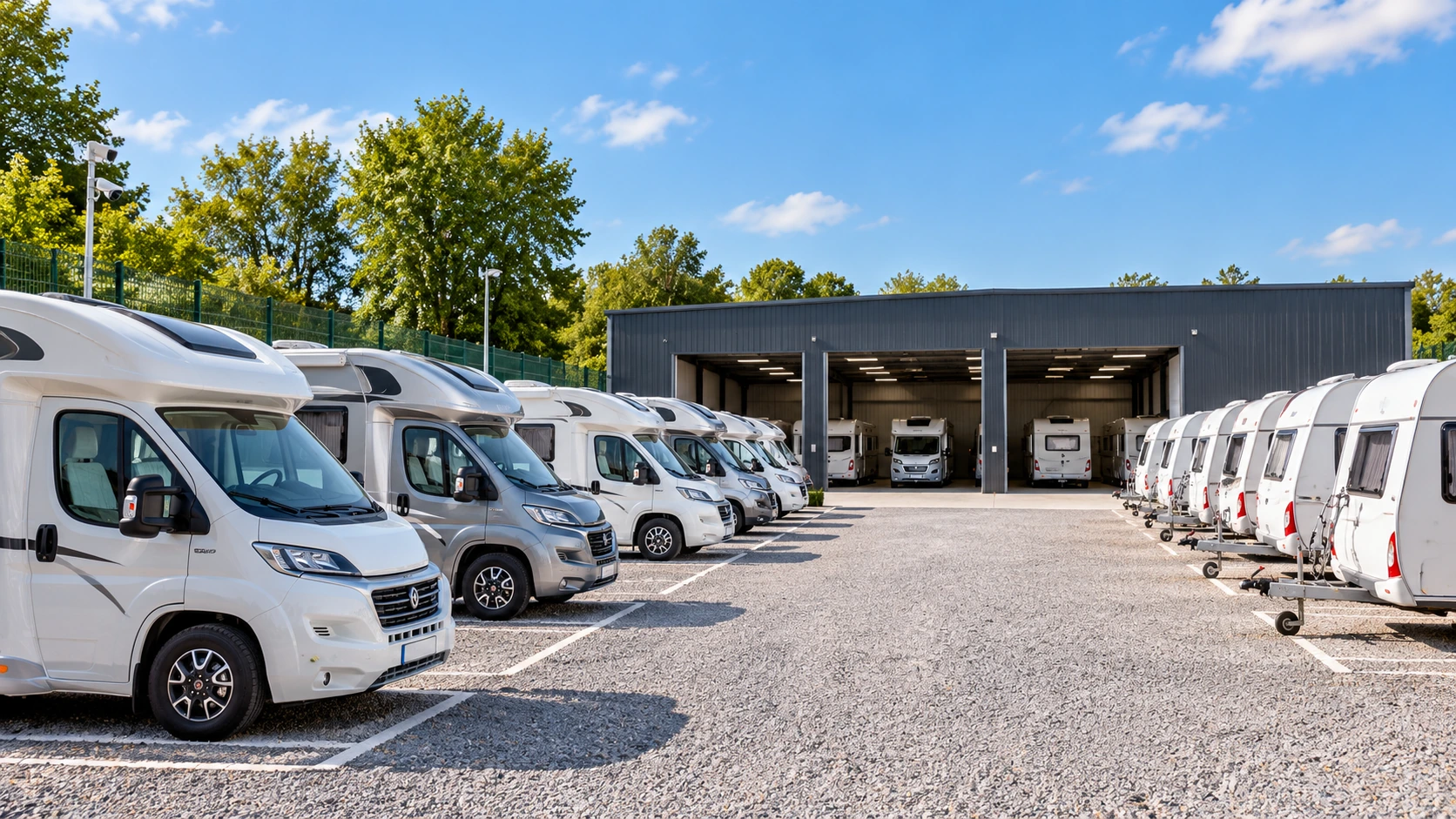 Campers en caravans bij een professionele stallingslocatie