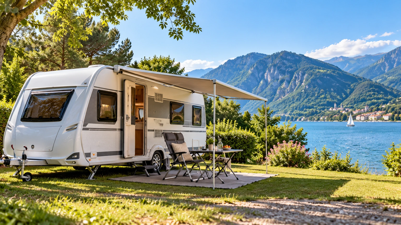 Moderne caravan op een groene kampeerplek aan een bergmeer